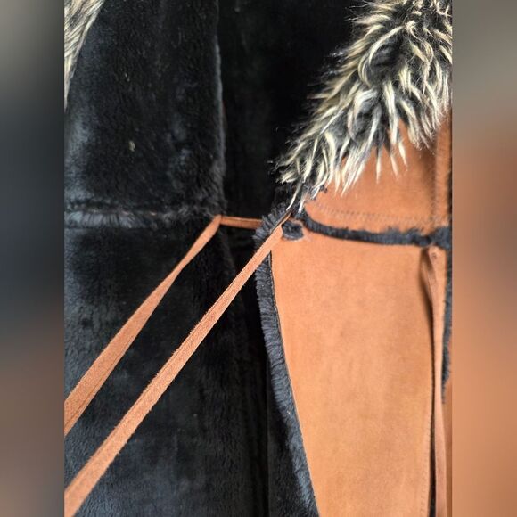 Vtg Brown Faux Suede Fur Hooded Full Length Long Afghan Penny Lane Coat Sz M - Picture 14 of 16